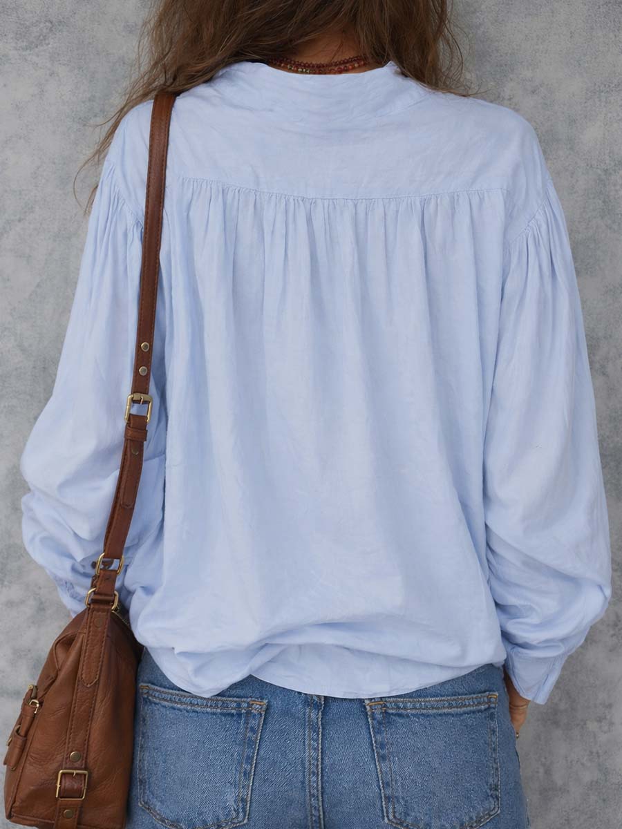 Long Sleeve Cotton Blouse with Ruffle Cuffs and Relaxed Fit