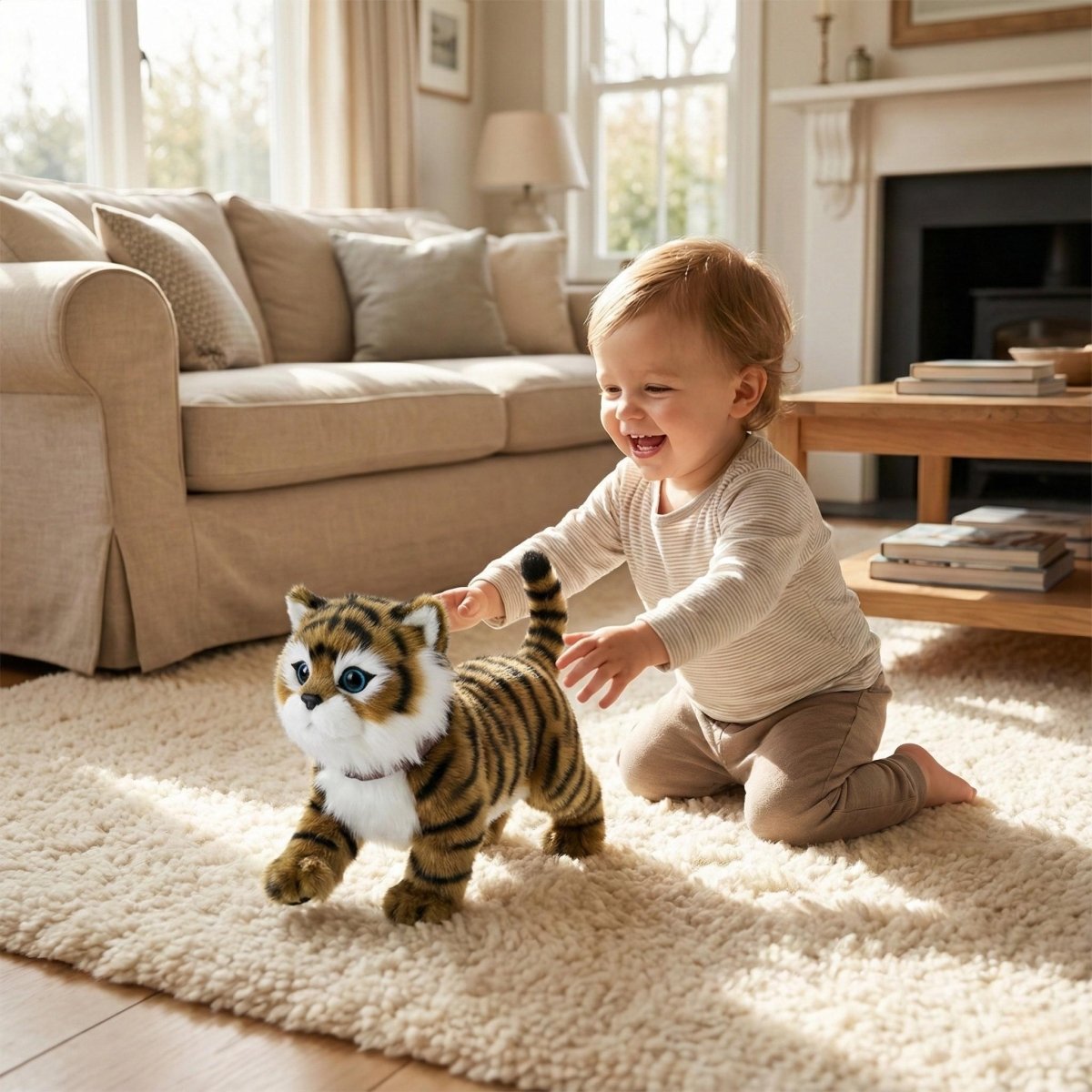 Interactive Plush Tiger Cub with Walking and Meowing, 14-Inch Battery-Powered