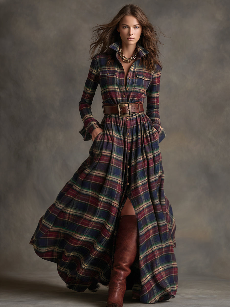Reddish Brown Plaid Maxi Dress, Retro Ethnic Style with Lapel