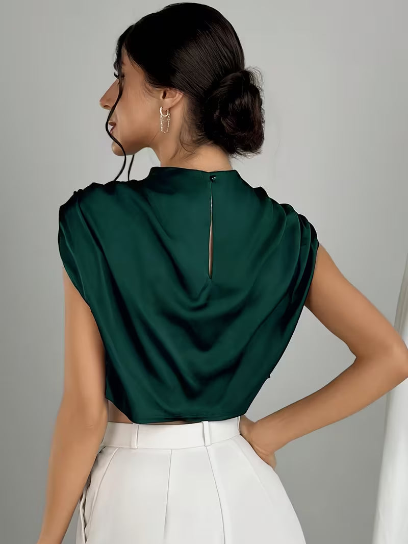 Women's High Neck Satin Drape Top with Structured Shoulders and Cropped Fit