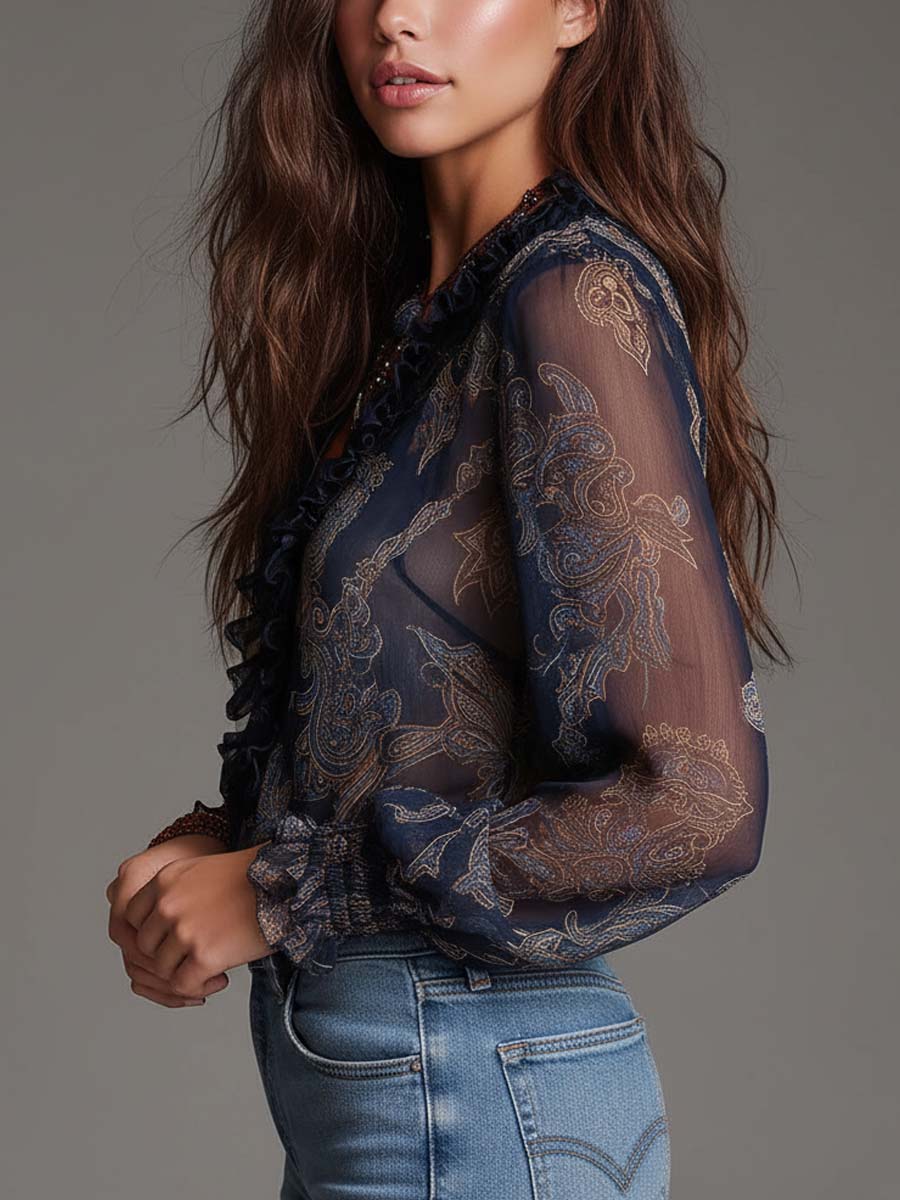Metallic Paisley Chiffon Blouse with Deep V Zipper and Ruffled Sleeves