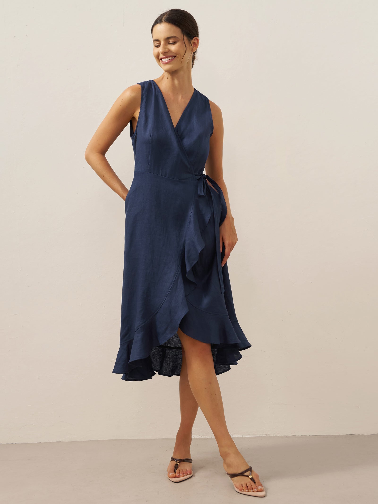 Linen Wrap Dress with Cross-V Neckline and Asymmetric Ruffle Hem, Hidden Pockets