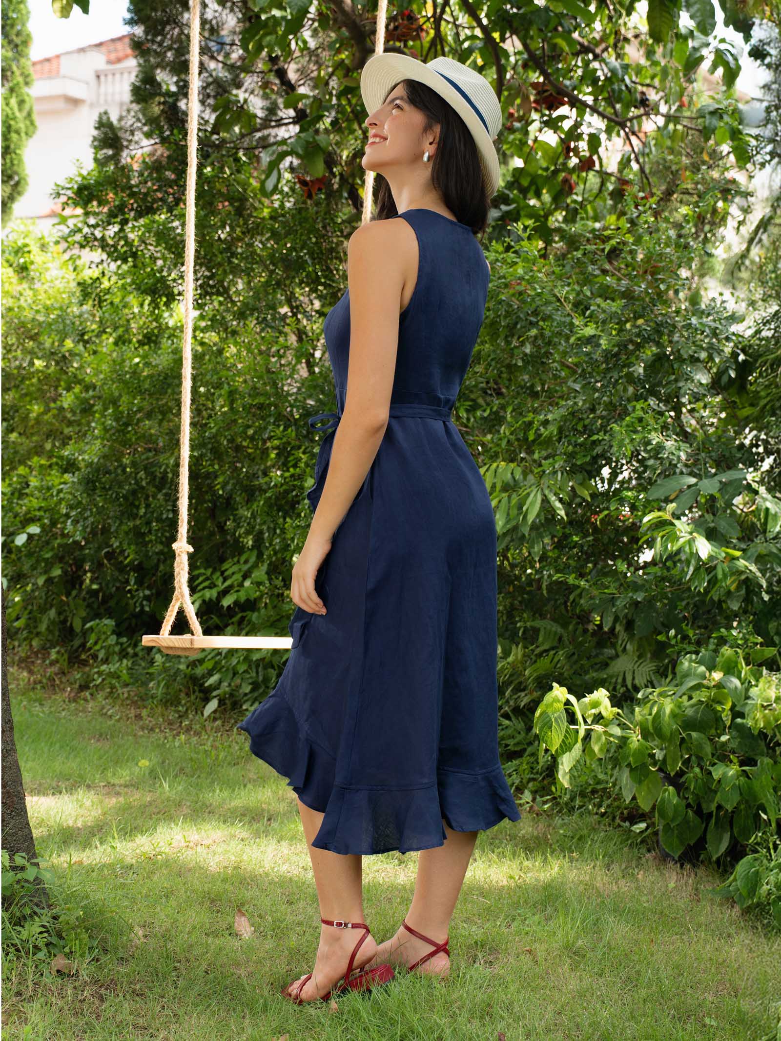 Linen Wrap Dress with Cross-V Neckline and Asymmetric Ruffle Hem, Hidden Pockets