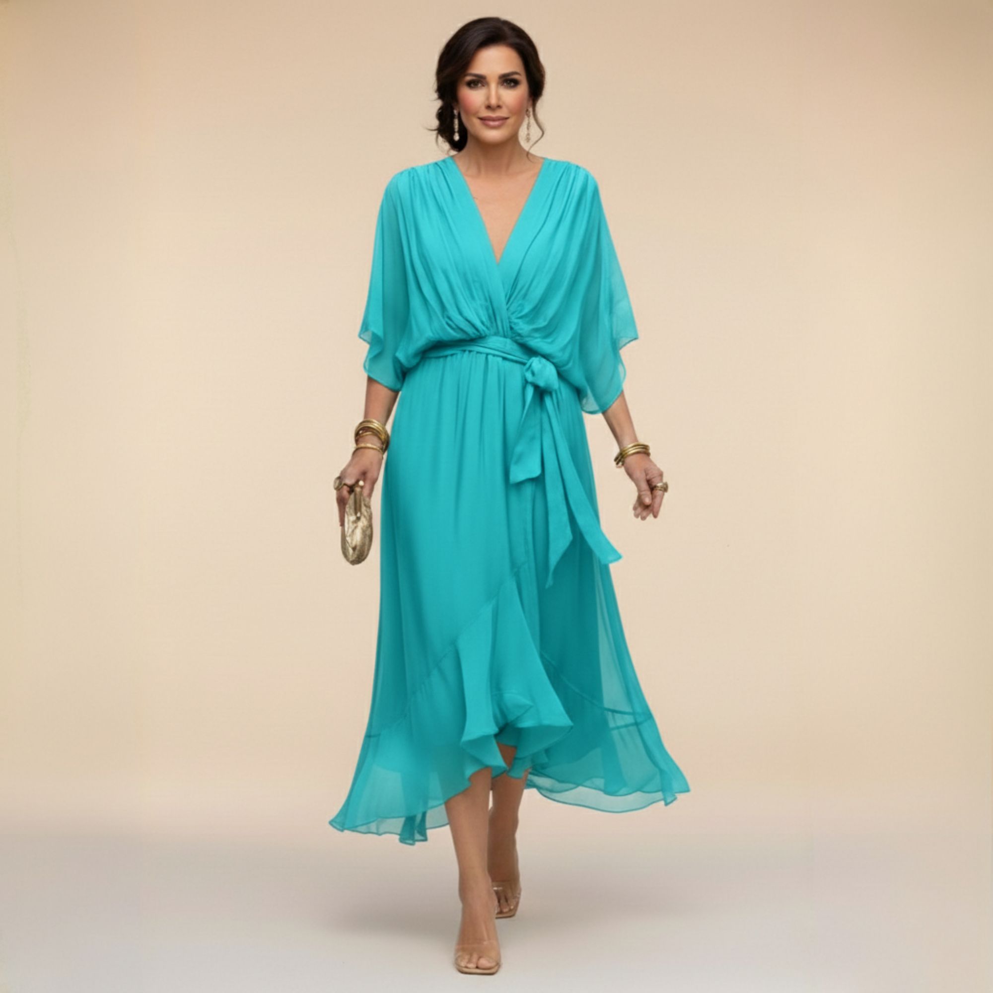 Chiffon Dress with V-Neckline and Flowing Silhouette