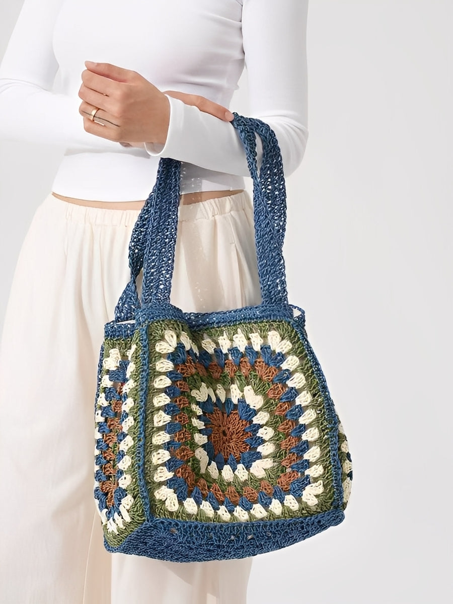 Woven Shoulder Bag with Magnetic Buckle and Adjustable Strap, Large Capacity