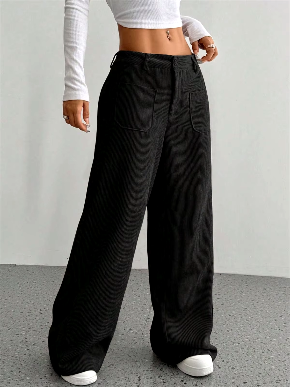 Wide Leg Corduroy Pants with Mid Rise Waist and Oversized Pockets
