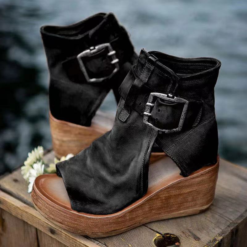Wedge Sandals with Adjustable Buckle and Contoured Footbed, Woven Boho Straps