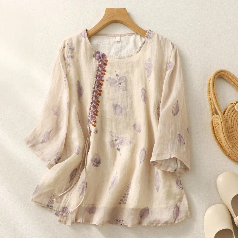 Embroidered Button Front Blouse with Floral Detail and Sheer Shoulder Panels