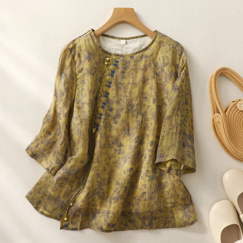 Embroidered Button Front Blouse with Floral Detail and Sheer Shoulder Panels