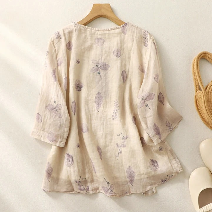 Embroidered Button Front Blouse with Floral Detail and Sheer Shoulder Panels