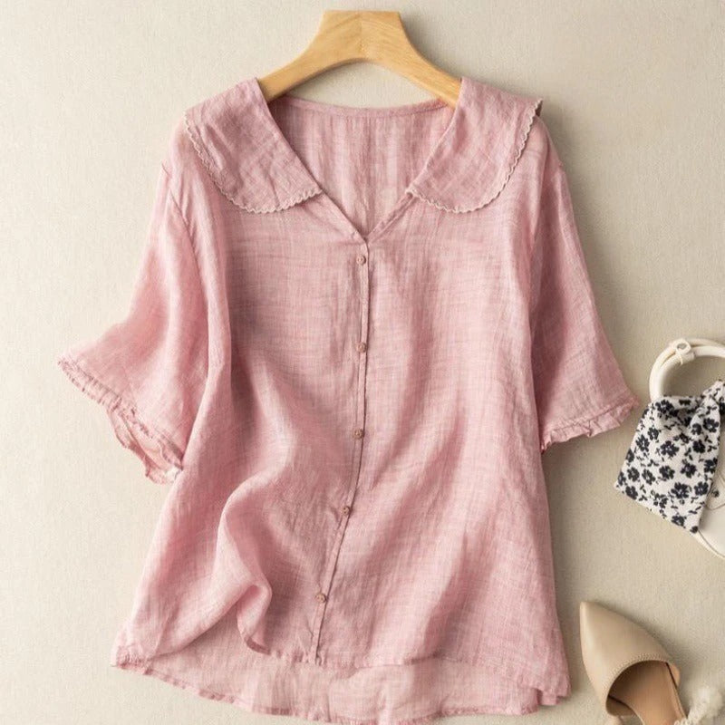 Vintage Scalloped Collar Blouse with Relaxed Fit and Breathable Fabric