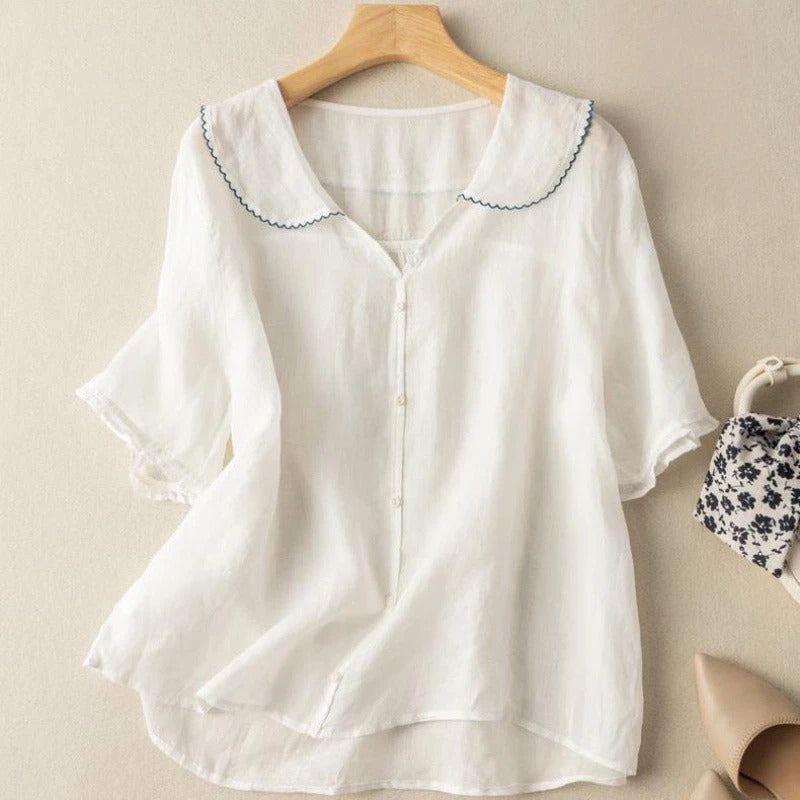 Vintage Scalloped Collar Blouse with Relaxed Fit and Breathable Fabric