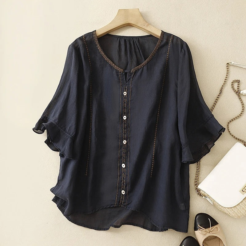 Women's Button Front Blouse with Flutter Ruffle Sleeves and Embroidered Yoke Detail