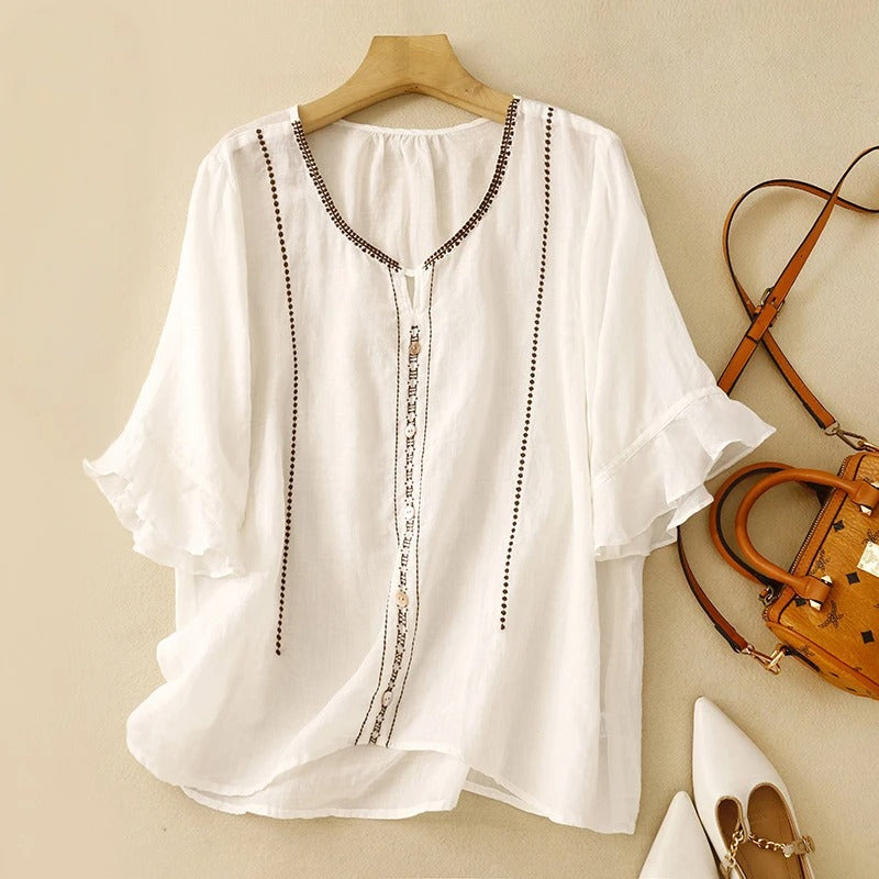 Women's Button Front Blouse with Flutter Ruffle Sleeves and Embroidered Yoke Detail