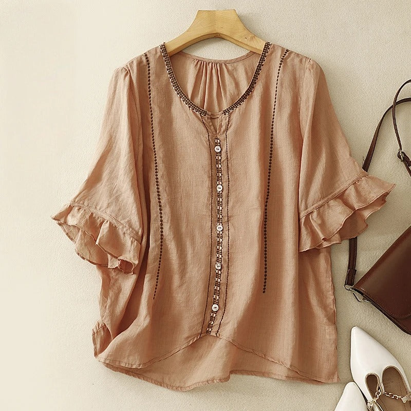 Women's Button Front Blouse with Flutter Ruffle Sleeves and Embroidered Yoke Detail
