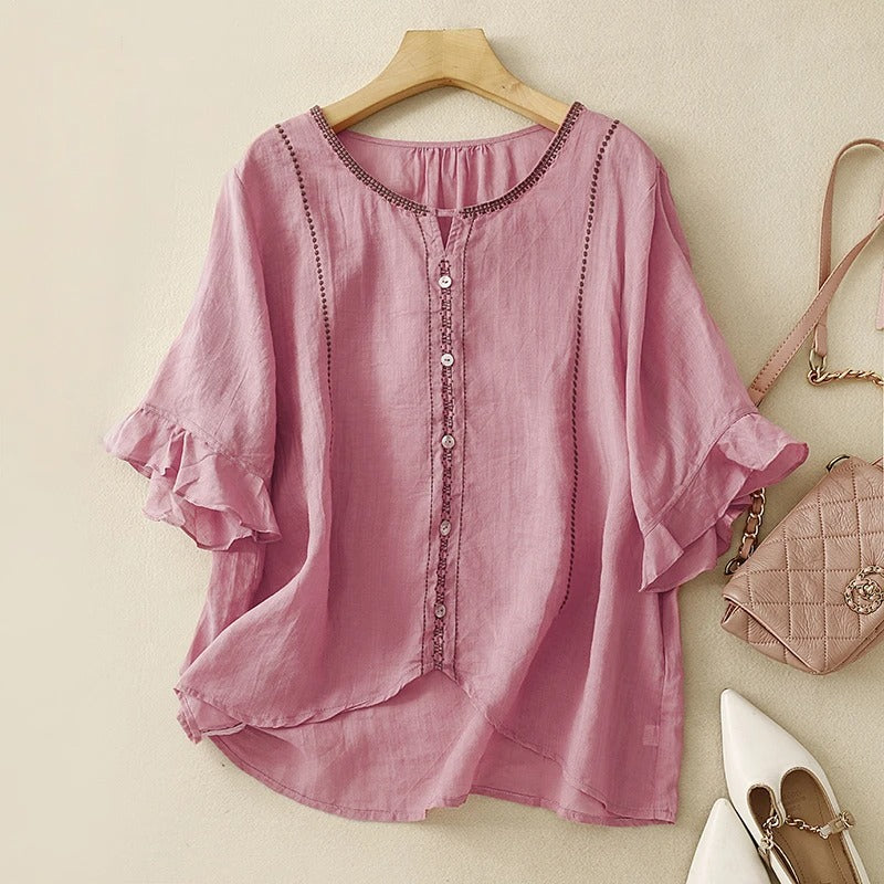 Women's Button Front Blouse with Flutter Ruffle Sleeves and Embroidered Yoke Detail