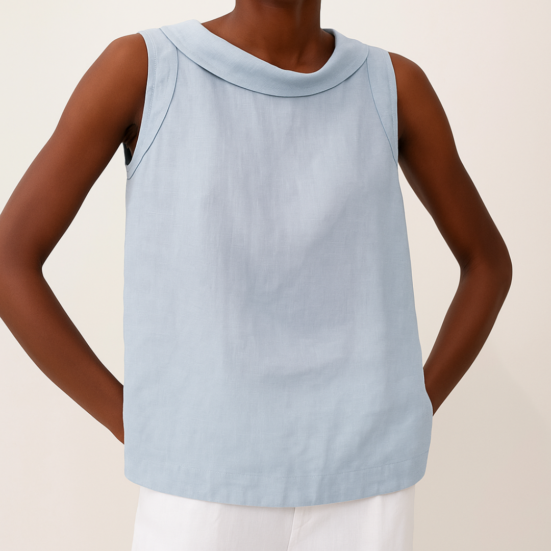 Sleeveless Top with Rolled Collar and Flattering Drape Fit