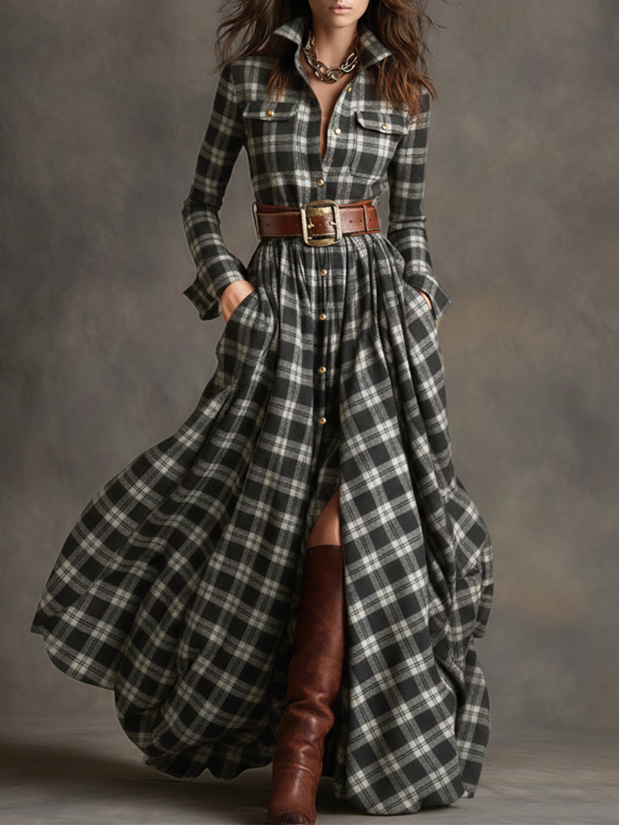 Reddish Brown Plaid Maxi Dress, Retro Ethnic Style with Lapel