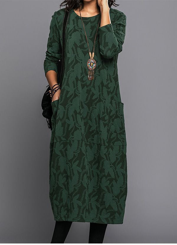 Midi Dress with Side Pockets and Long Sleeves, Cotton Blend Floral Mid Calf