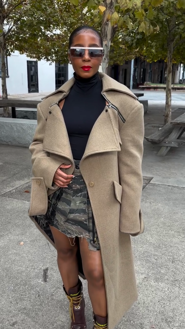 Wool Coat with Zippered Wide Collar and Button Front Closure, Camel