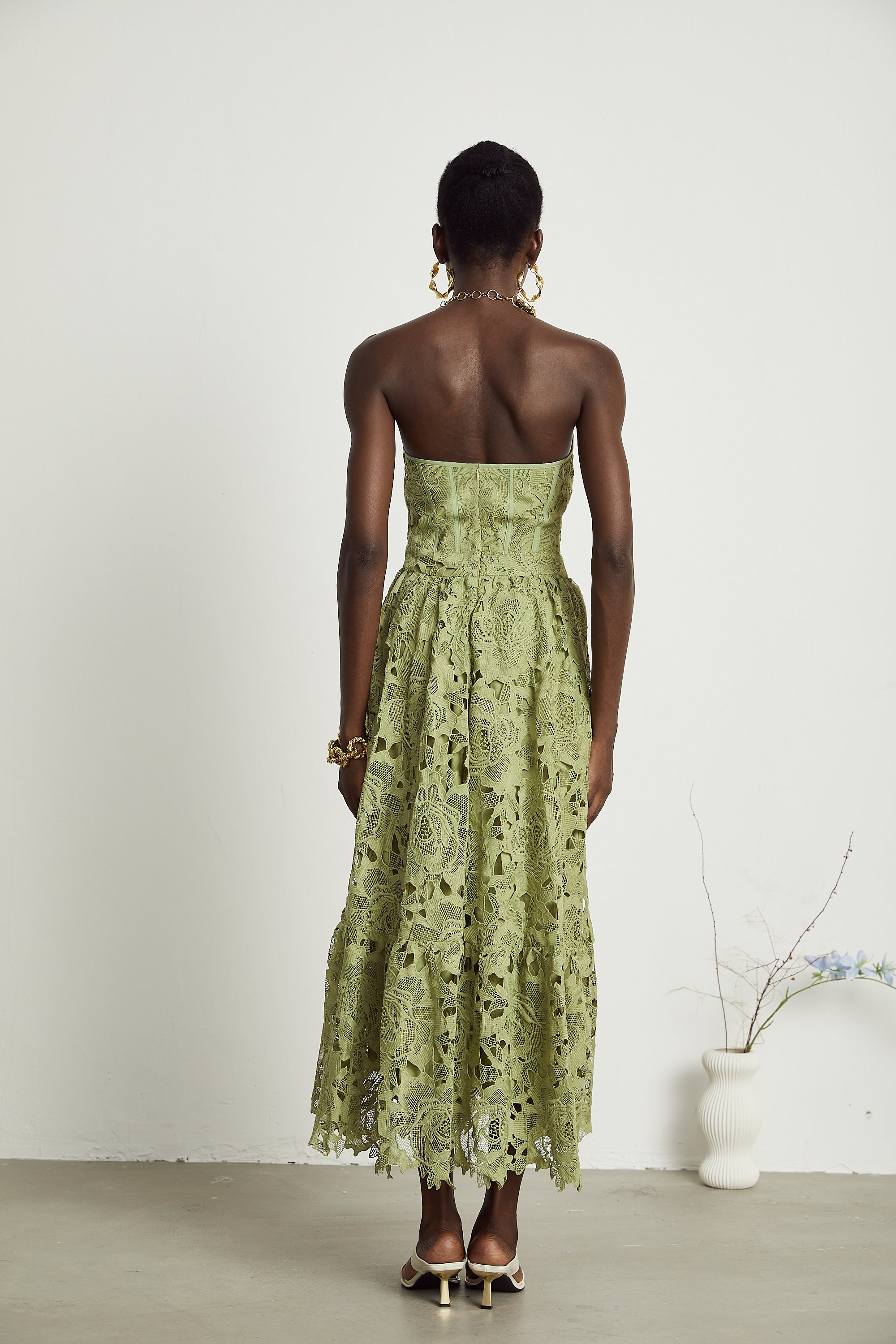 Off Shoulder Floral Embroidered Midi Dress with Lace Trim and Cutout Details, Green