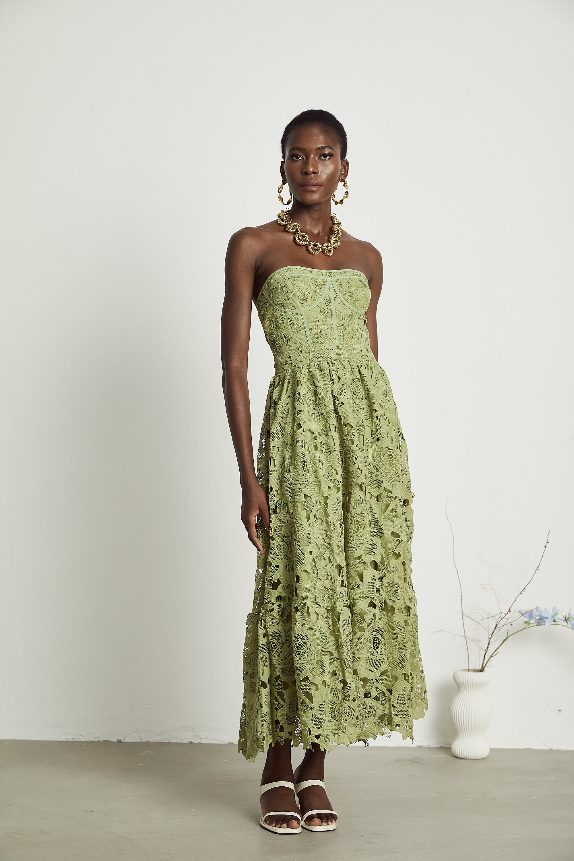 Off Shoulder Floral Embroidered Midi Dress with Lace Trim and Cutout Details, Green