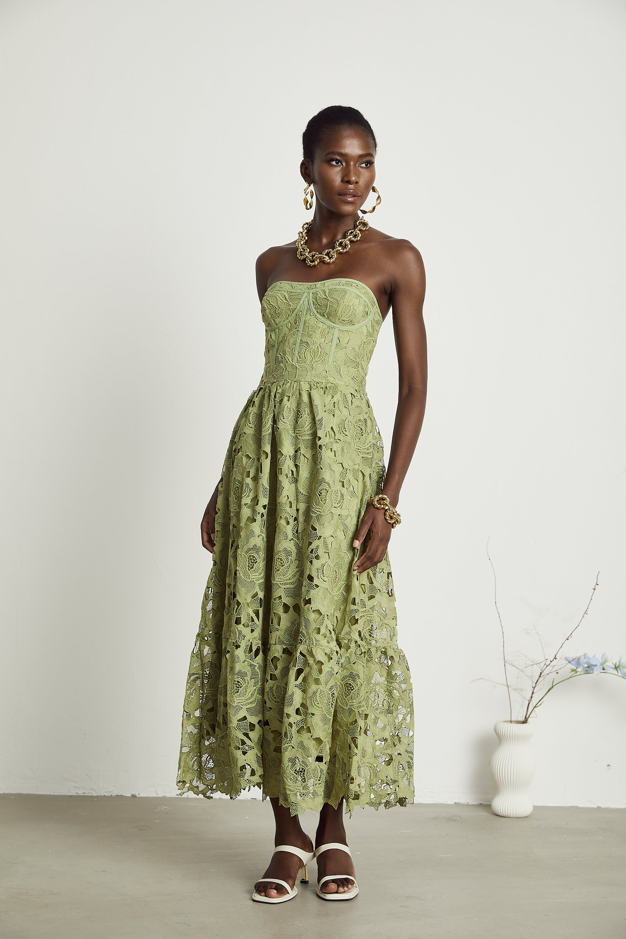 Off Shoulder Floral Embroidered Midi Dress with Lace Trim and Cutout Details, Green