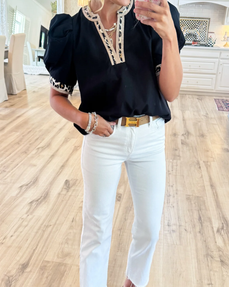 Women's Top with Puff Sleeves and Leopard Print Contrast Accents