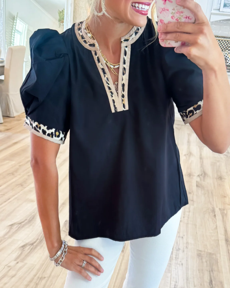 Women's Top with Puff Sleeves and Leopard Print Contrast Accents