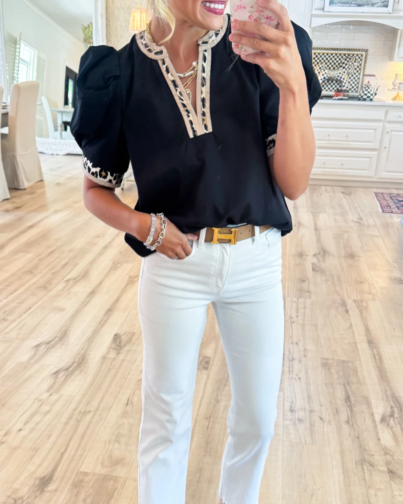 Women's Top with Puff Sleeves and Leopard Print Contrast Accents