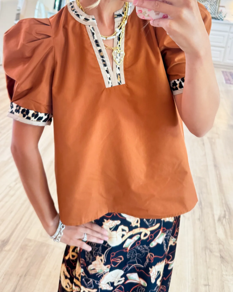 Women's Top with Puff Sleeves and Leopard Print Contrast Accents