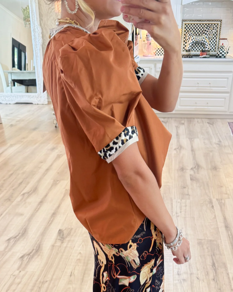 Women's Top with Puff Sleeves and Leopard Print Contrast Accents