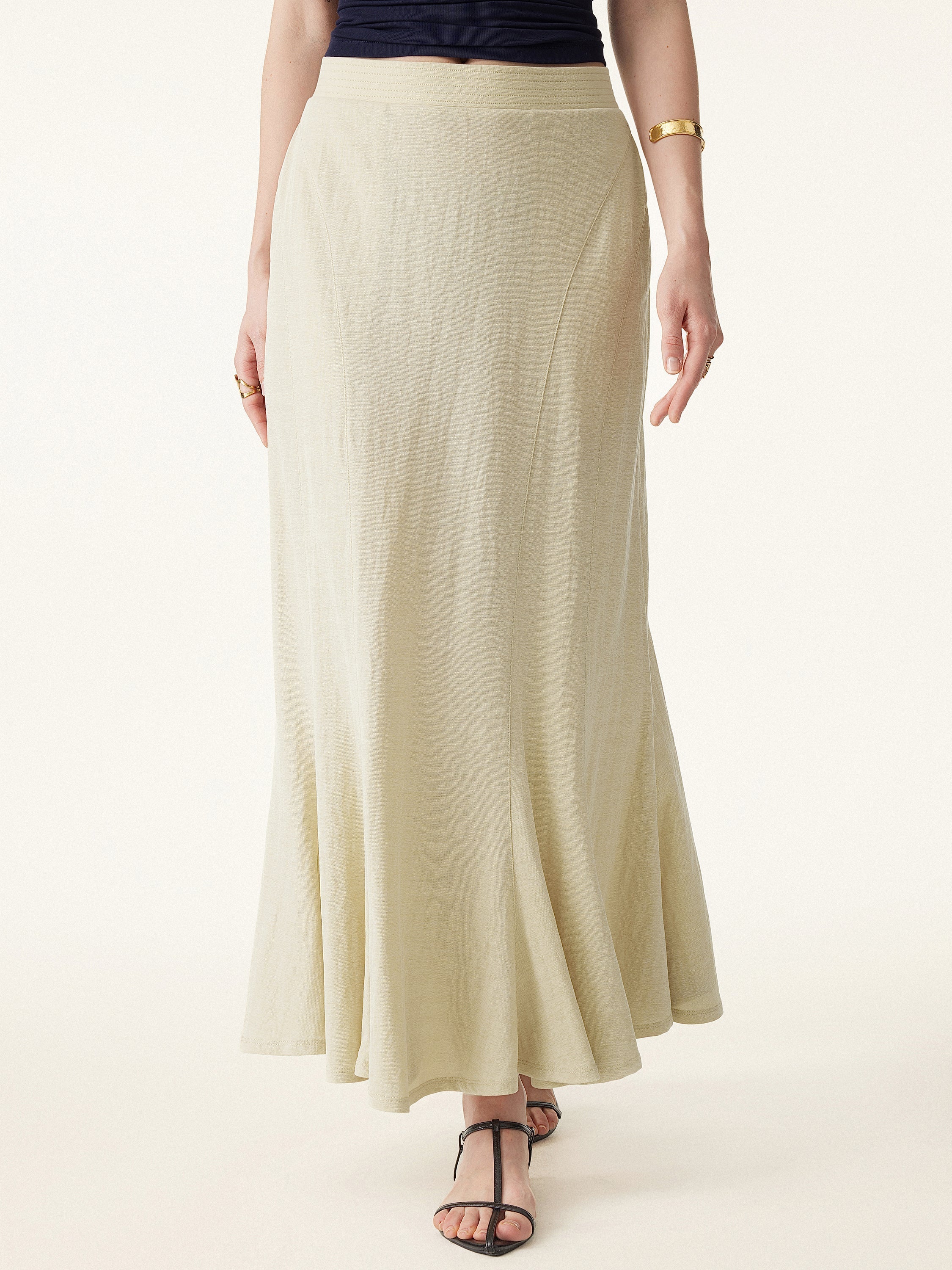 Wrinkle-free Cotton-linen Pull-on Midi Skirt