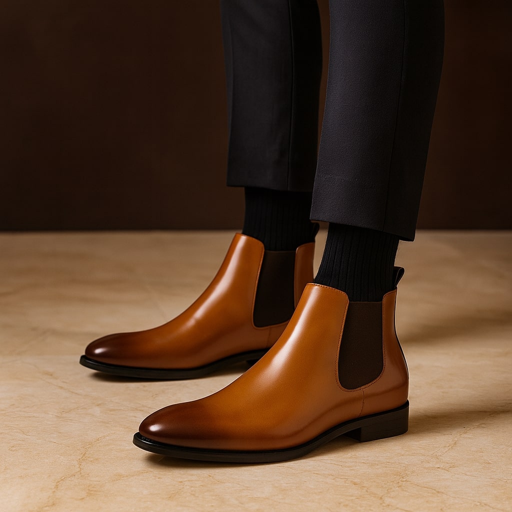 Leather Chelsea Boot with Cushioned Footbed and Elastic Side Panels, Textured Rubber Outsole