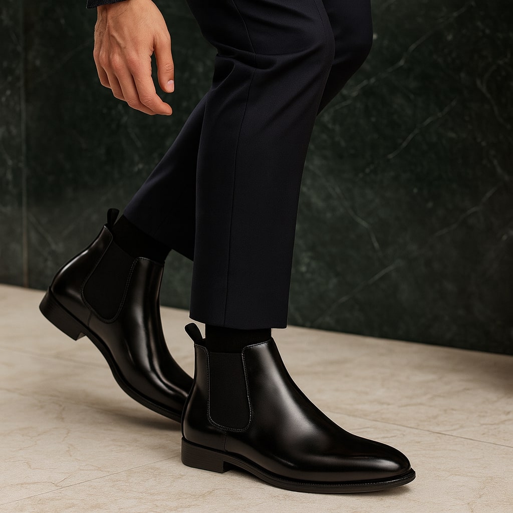 Leather Chelsea Boot with Cushioned Footbed and Elastic Side Panels, Textured Rubber Outsole