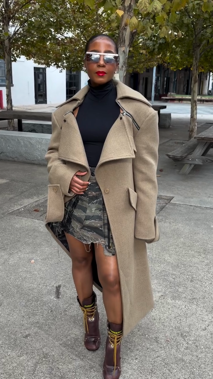 Wool Coat with Zippered Wide Collar and Button Front Closure, Camel