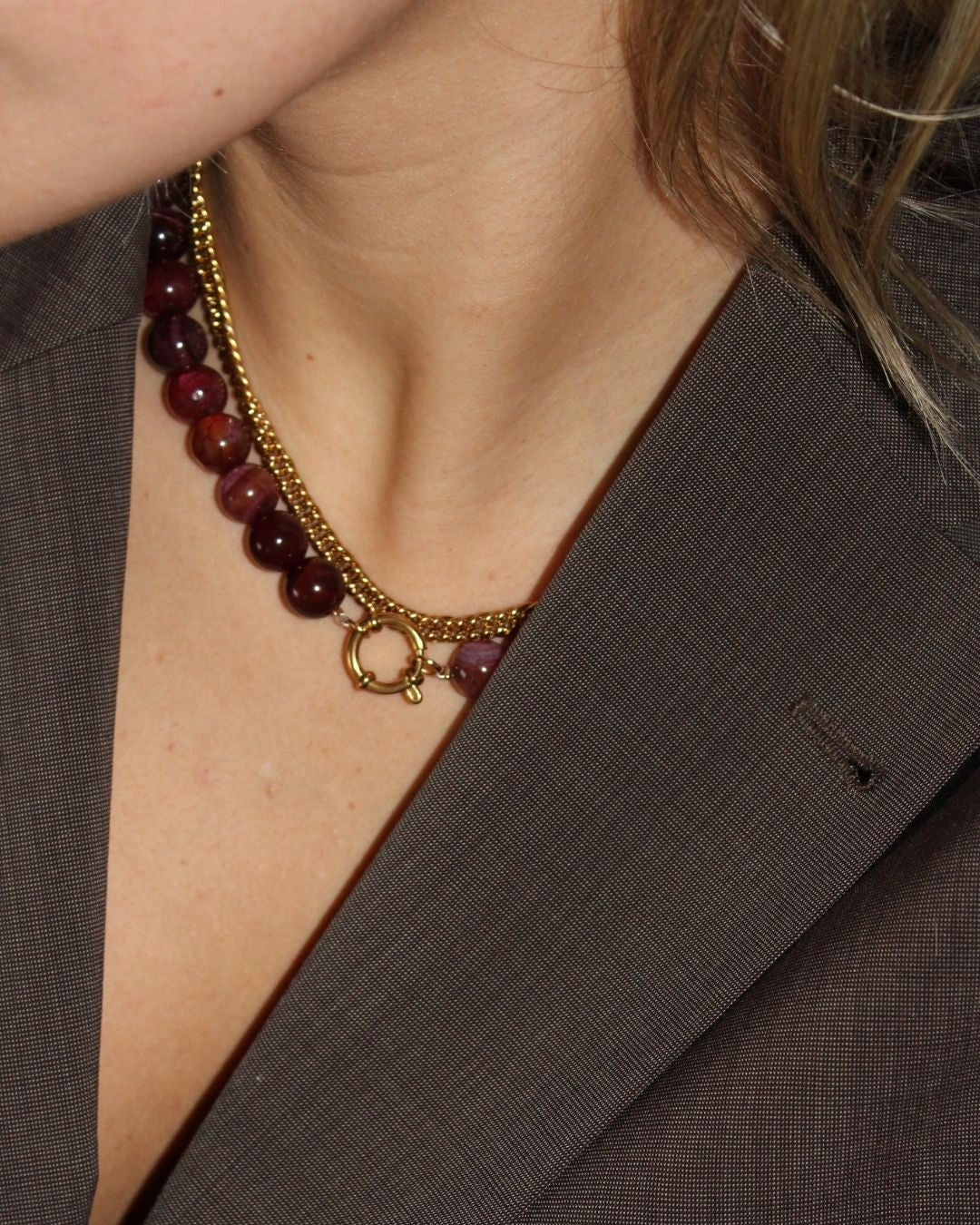 White Jade Stone Bead Necklace with Stainless Steel and Natural Variations