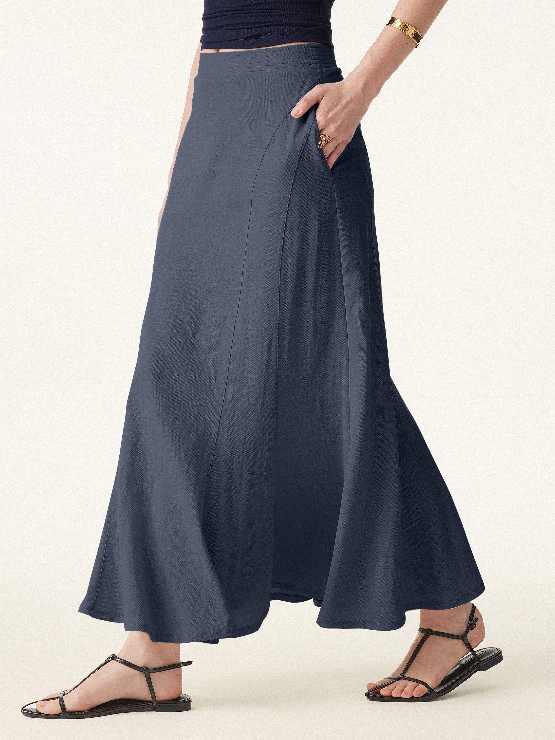Cotton Linen Midi Skirt with Pull-on Waistband, Wrinkle Resistant