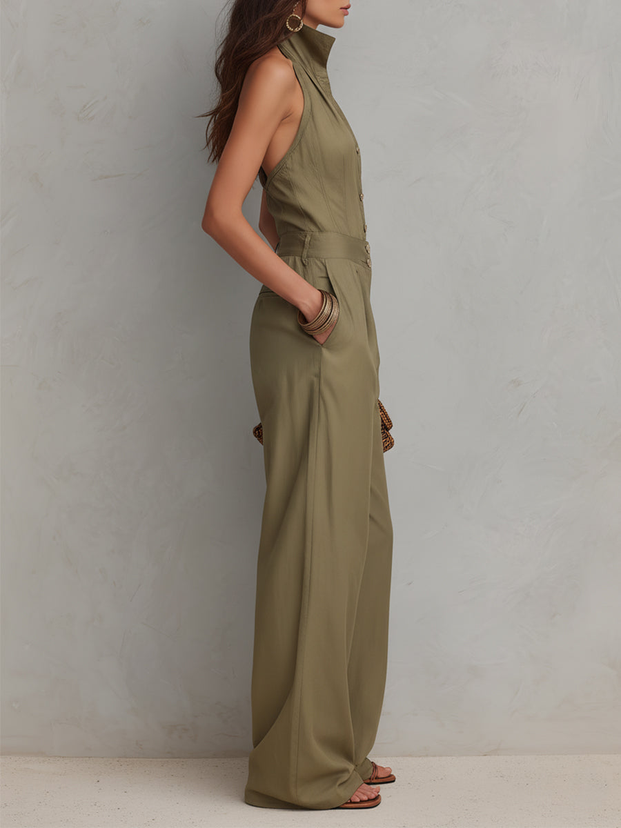Buttoned Jumpsuit with Stand-up Collar and Straight Legs, Long Sleeves