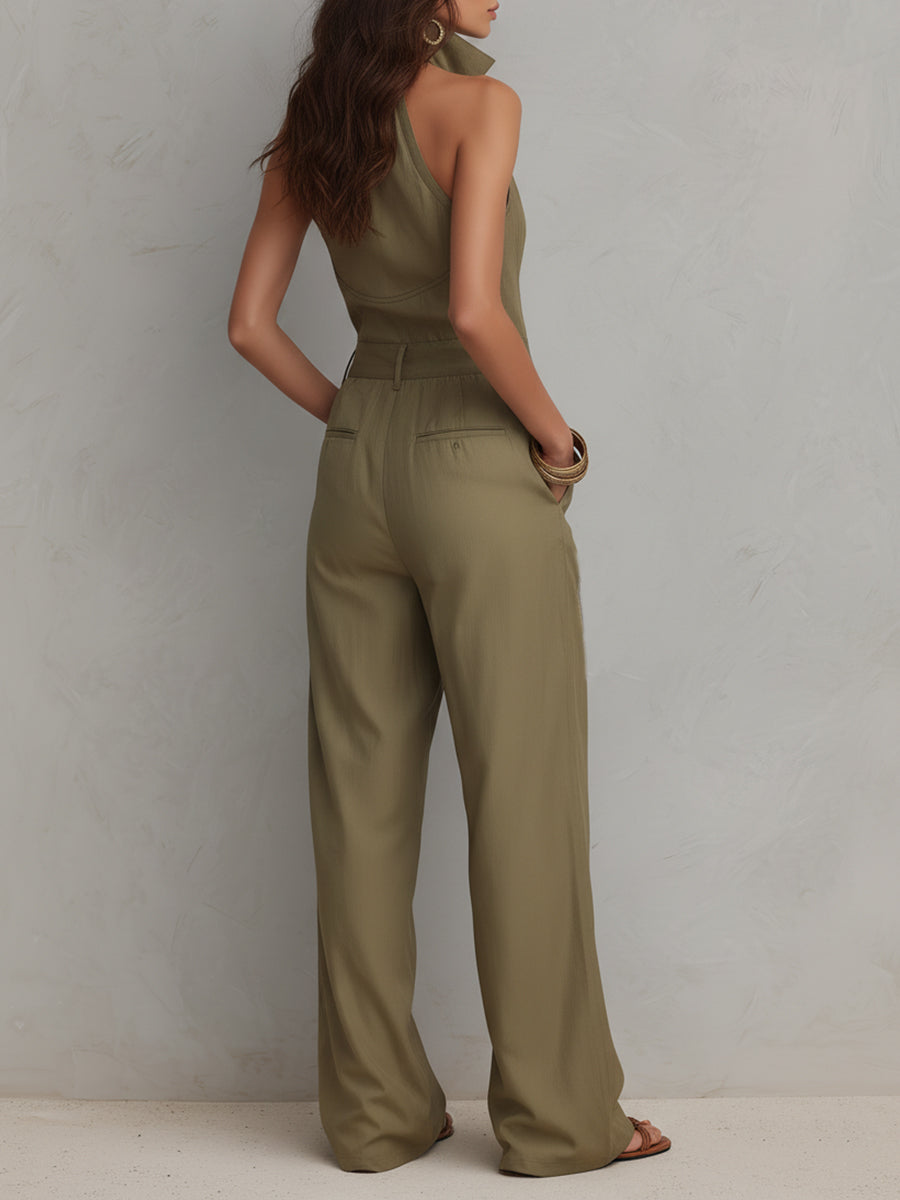 Buttoned Jumpsuit with Stand-up Collar and Straight Legs, Long Sleeves