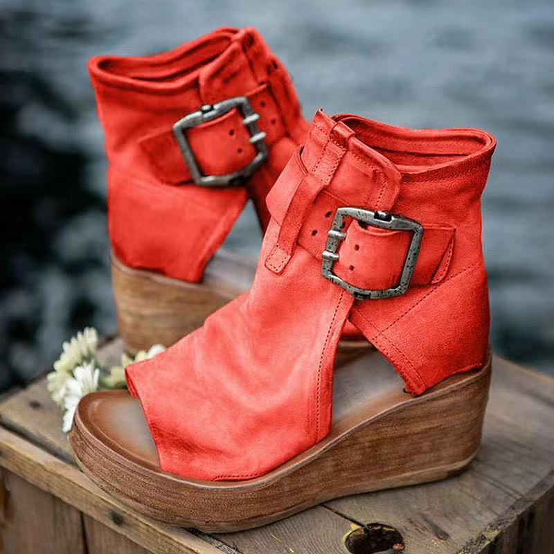 Wedge Sandals with Adjustable Buckle and Contoured Footbed, Woven Boho Straps