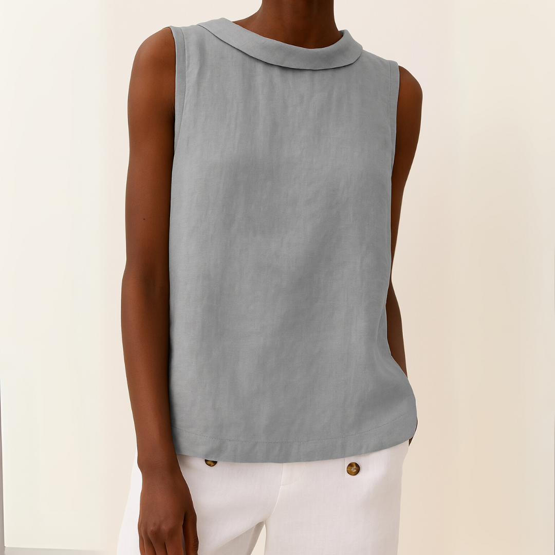 Sleeveless Top with Rolled Collar and Flattering Drape Fit