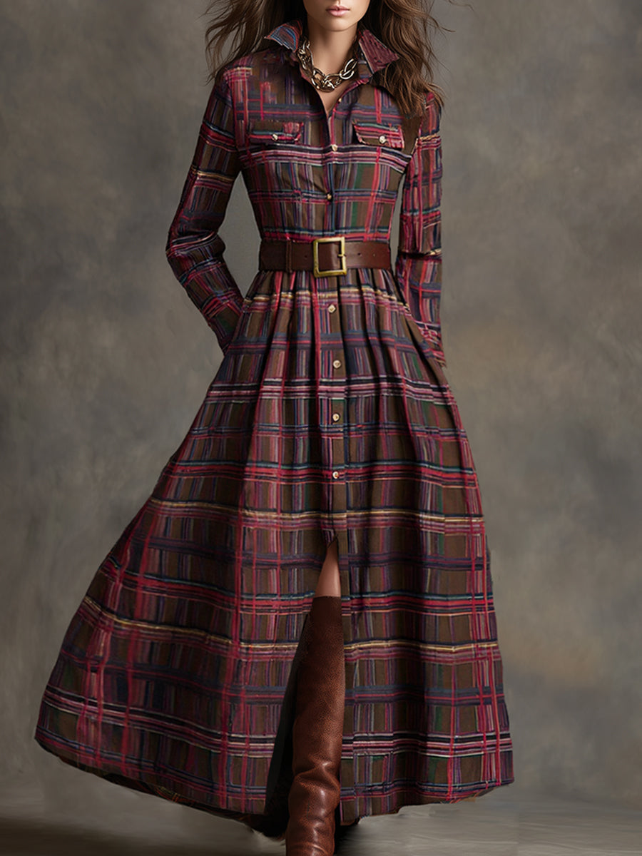 Reddish Brown Plaid Maxi Dress, Retro Ethnic Style with Lapel