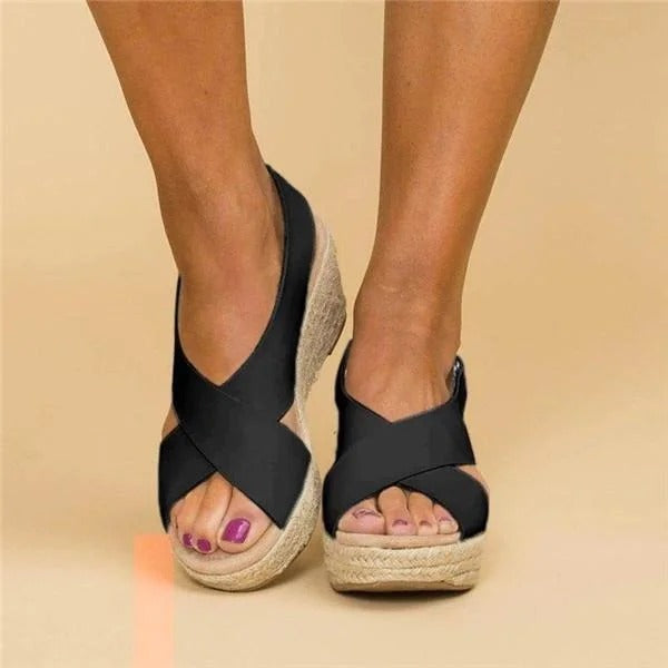 Women's Wedge Sandals with Orthopedic Footbed and Adjustable Cross Straps, Jute Wrap Heel