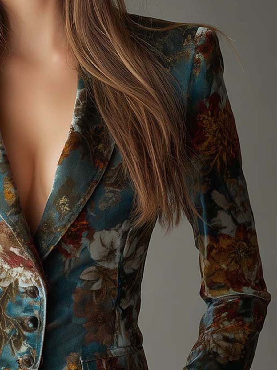 Floral Velvet Blazer with Teal Base and Tailored Fit, Vintage Design