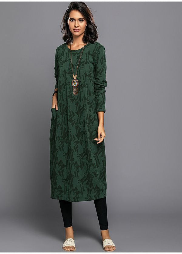 Midi Dress with Side Pockets and Long Sleeves, Cotton Blend Floral Mid Calf