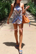 Ankle-Length Halter Neck Dress with Colorful Herringbone Print and Loose Fit