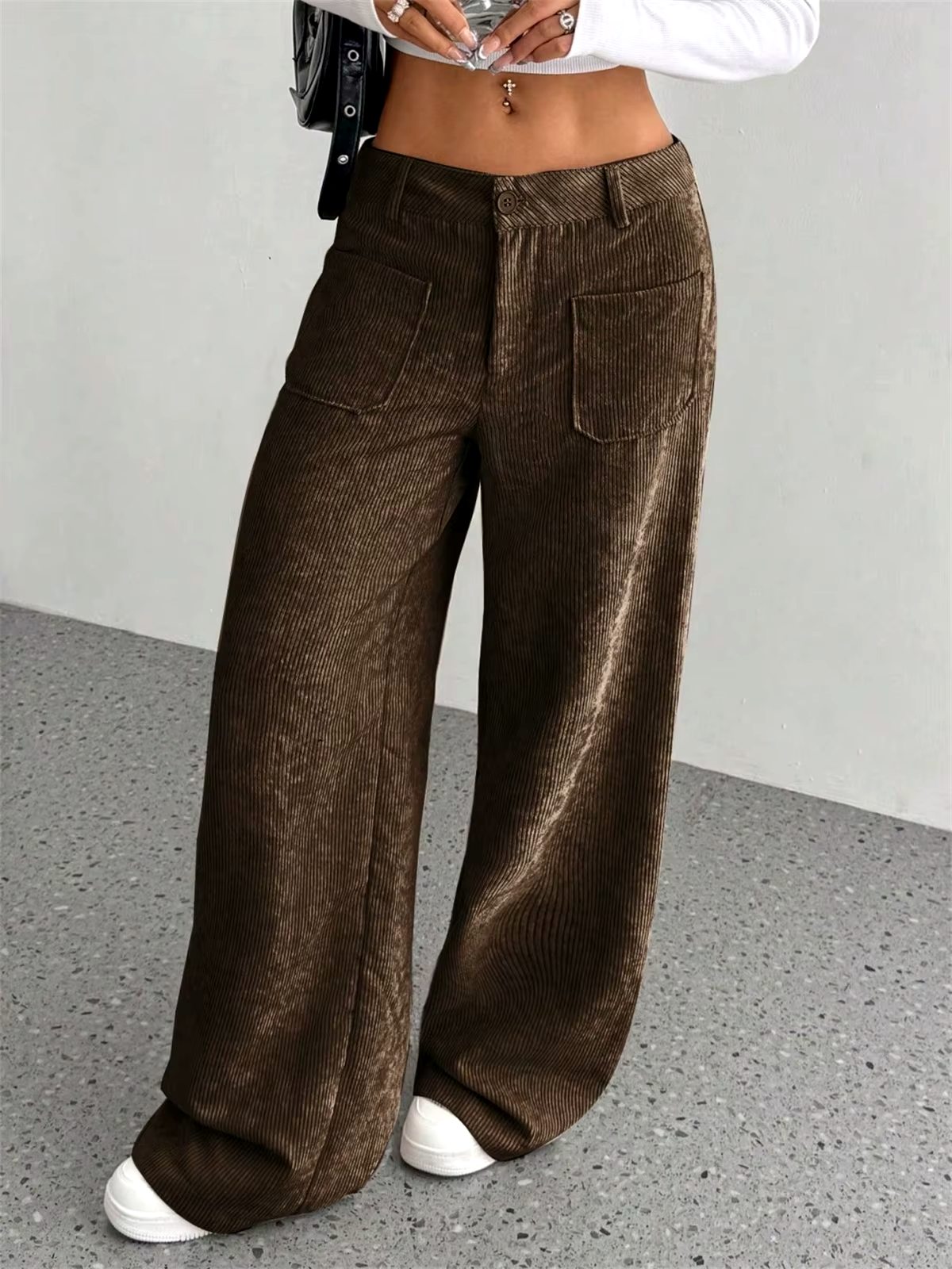 Wide Leg Corduroy Pants with Mid Rise Waist and Oversized Pockets
