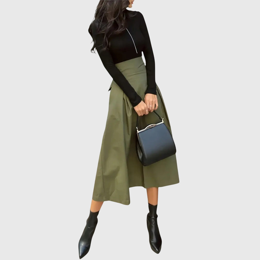 A-Line Midi Skirt with Belt Detail and Mid-Calf Length