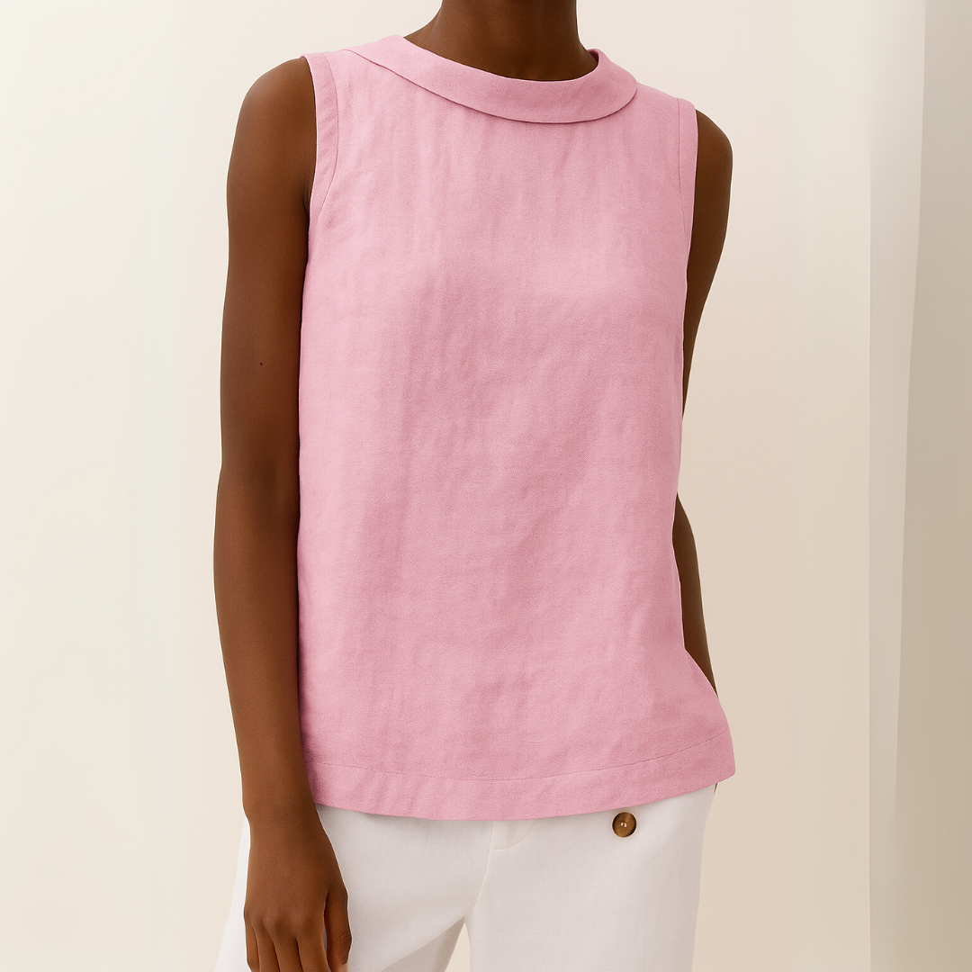 Sleeveless Top with Rolled Collar and Flattering Drape Fit